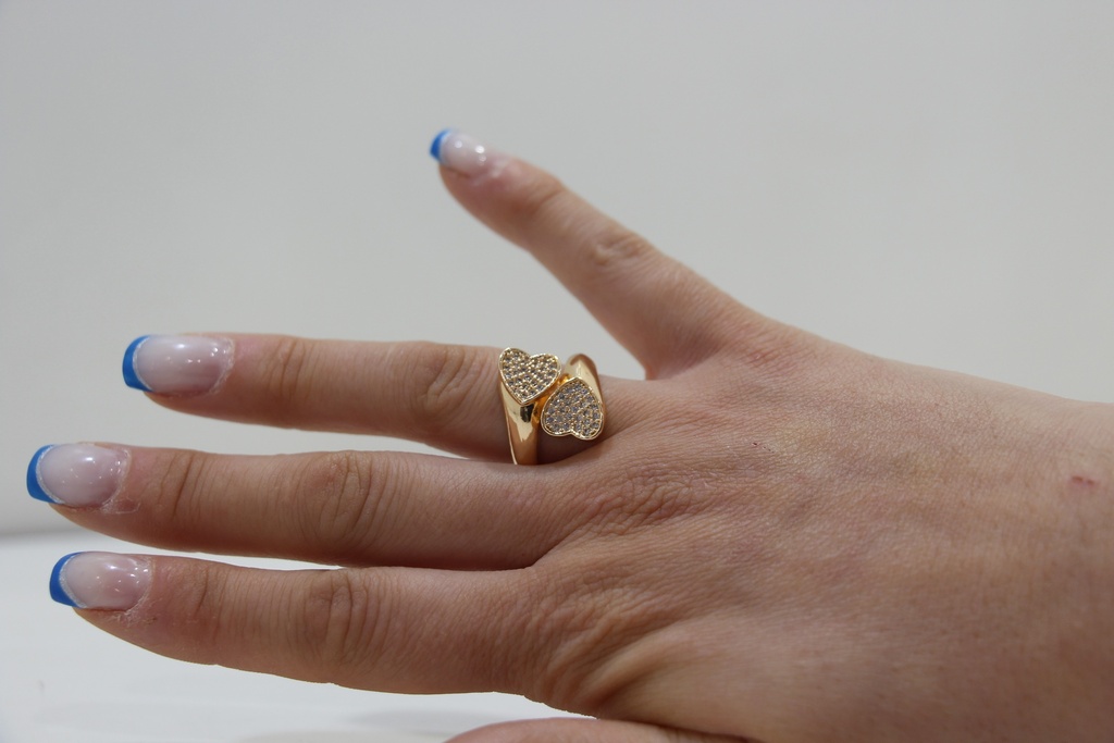 Anel "Double Love" – Coração Duplo com Zircónias Pavé