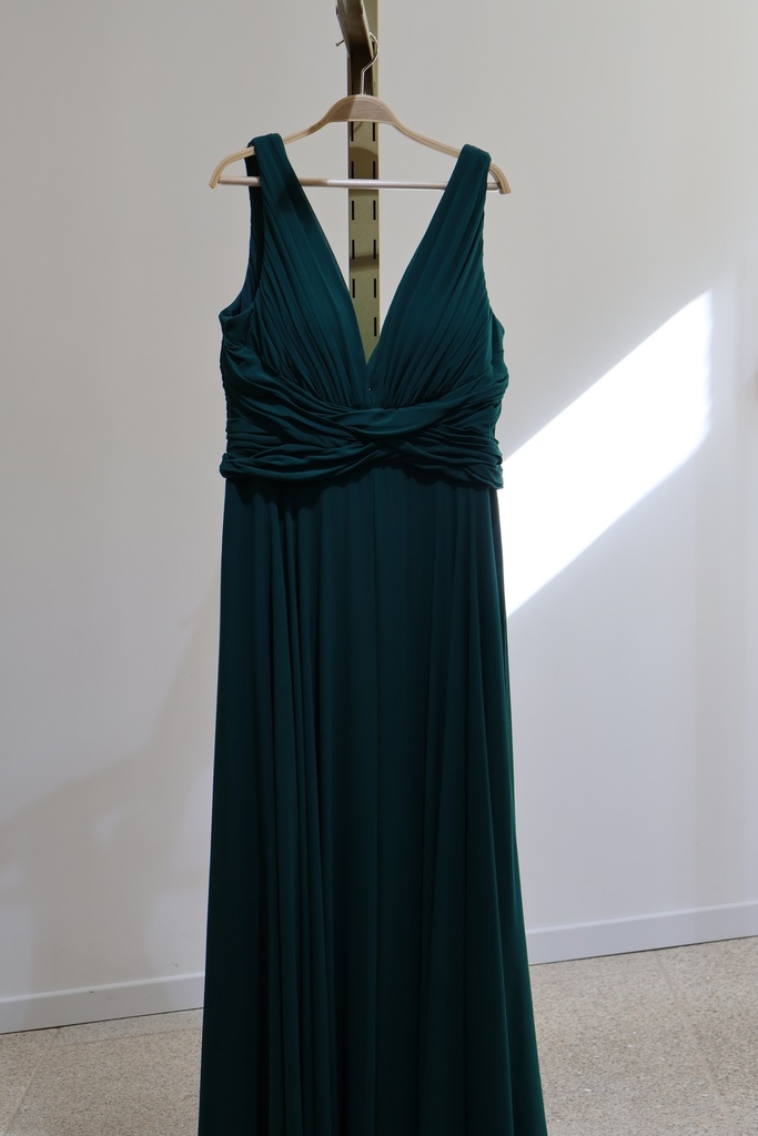 Vestido de Gala "Éden" em Verde Esmeralda com Decote em V e Cintura Drapeada