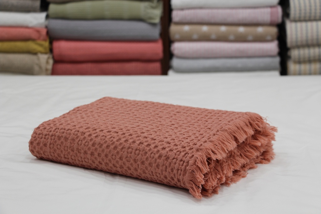 Manta de Algodão Favo de Mel em Terracota com Franjas