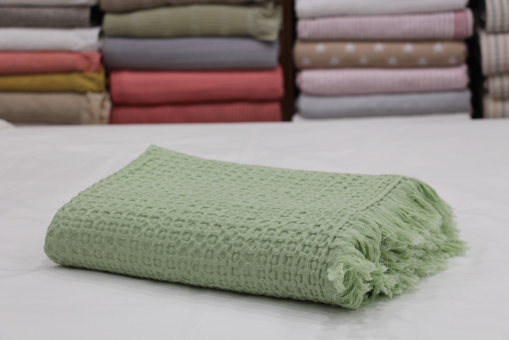 Manta de Algodão Favo de Mel em Verde Claro com Franjas