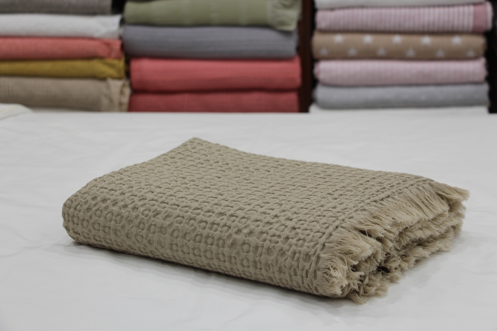 Manta de Algodão Favo de Mel em Bege com Franjas