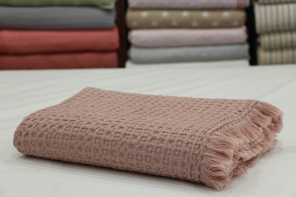 Manta de Algodão Favo de Mel em Rosa Seco com Franjas