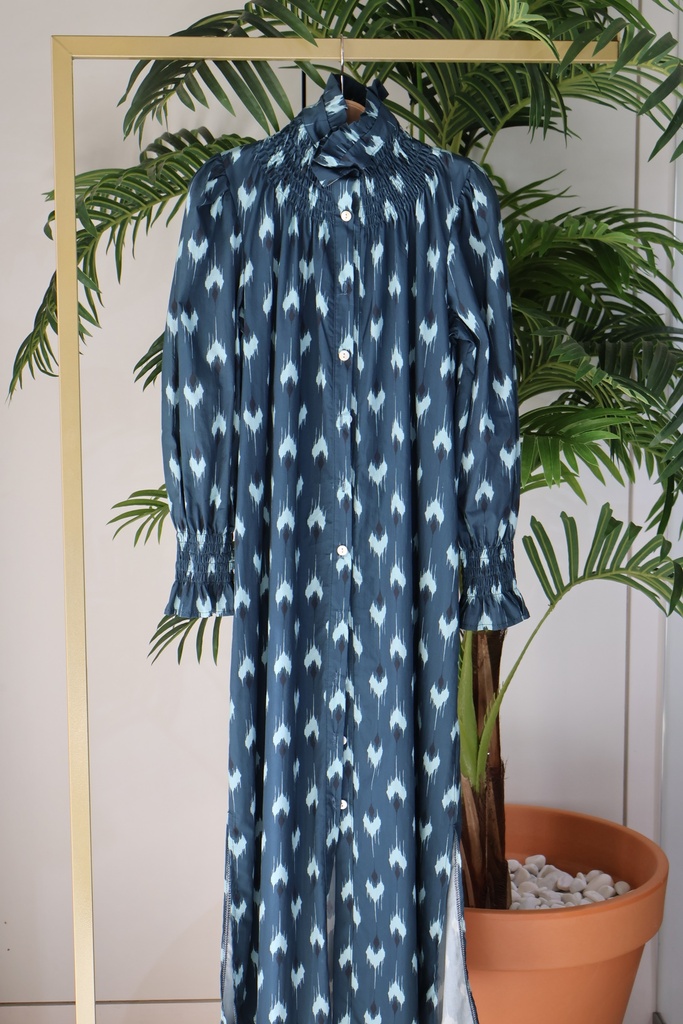 Vestido Maxie "Ikat Soul" com Pormenores em Smock e Gola Laçada