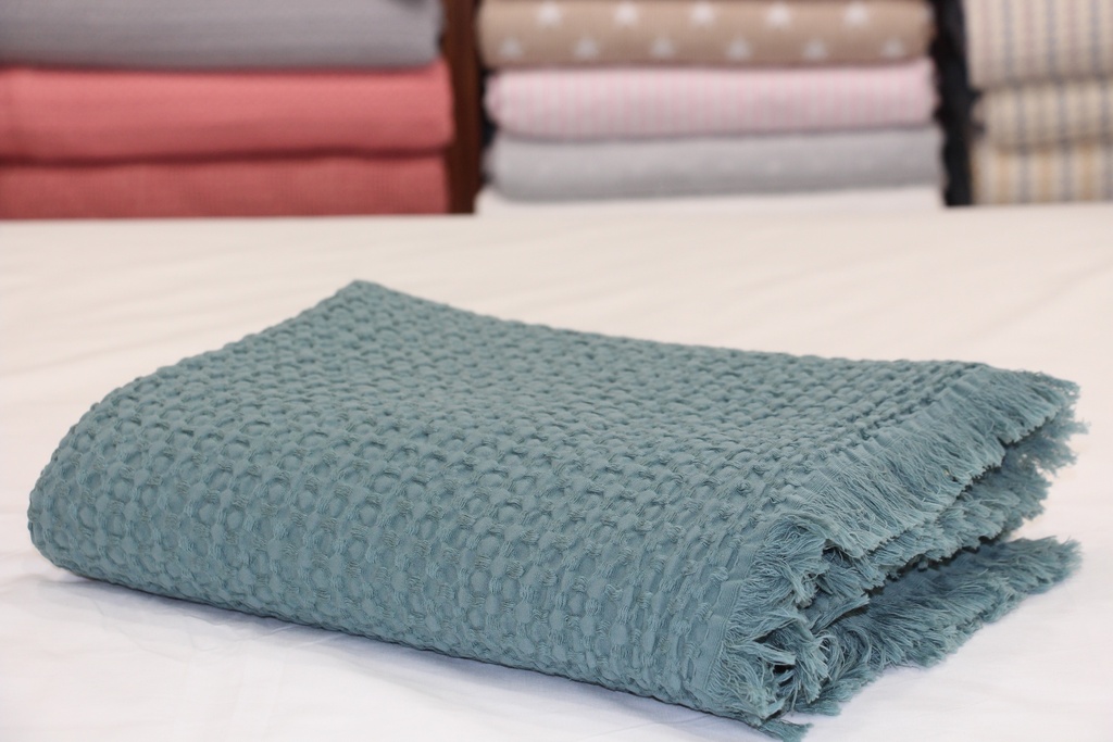 Manta de Algodão Favo de Mel em Azul Petróleo com Franjas