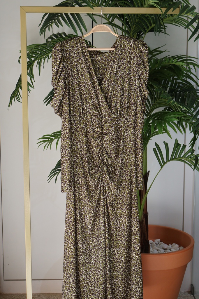 Vestido Midi "Olive Drape" com Decote em V e Efeito Franzido