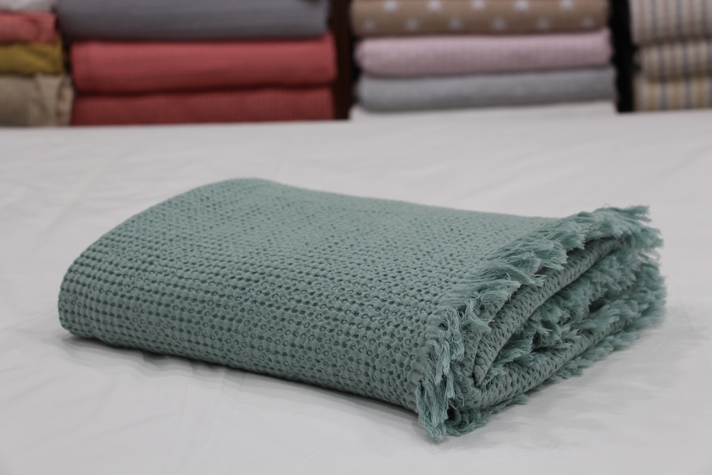 Manta de Algodão Favo de Mel em Verde Sálvia com Franjas