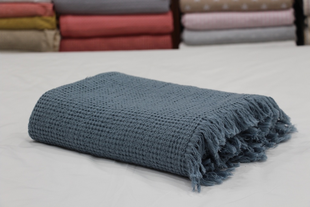 Manta de Algodão Favo de Mel em Azul Acinzentado com Franjas