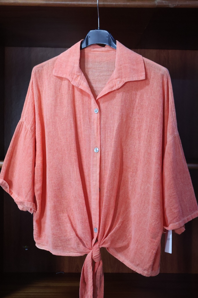 Camisa Cropped em Algodão com Nó Frontal – Salmão Vibrante