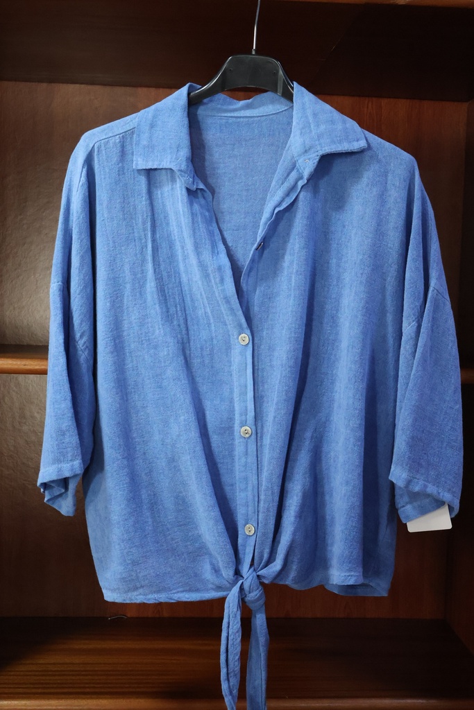 Camisa Cropped em Algodão com Nó Frontal – Azul Oceano