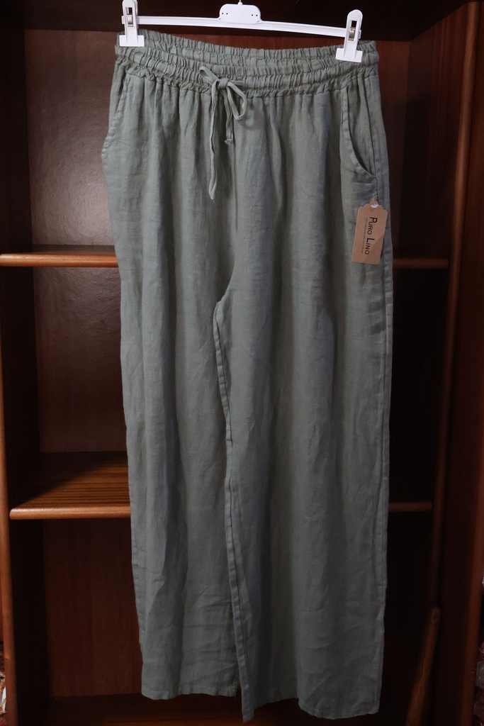 Calça de Linho Puro – Perna Larga Cinzento