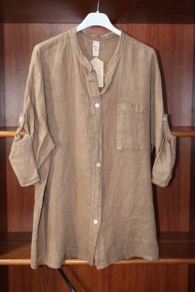 Túnica em Linho Puro – Gola Padre Castanho Claro