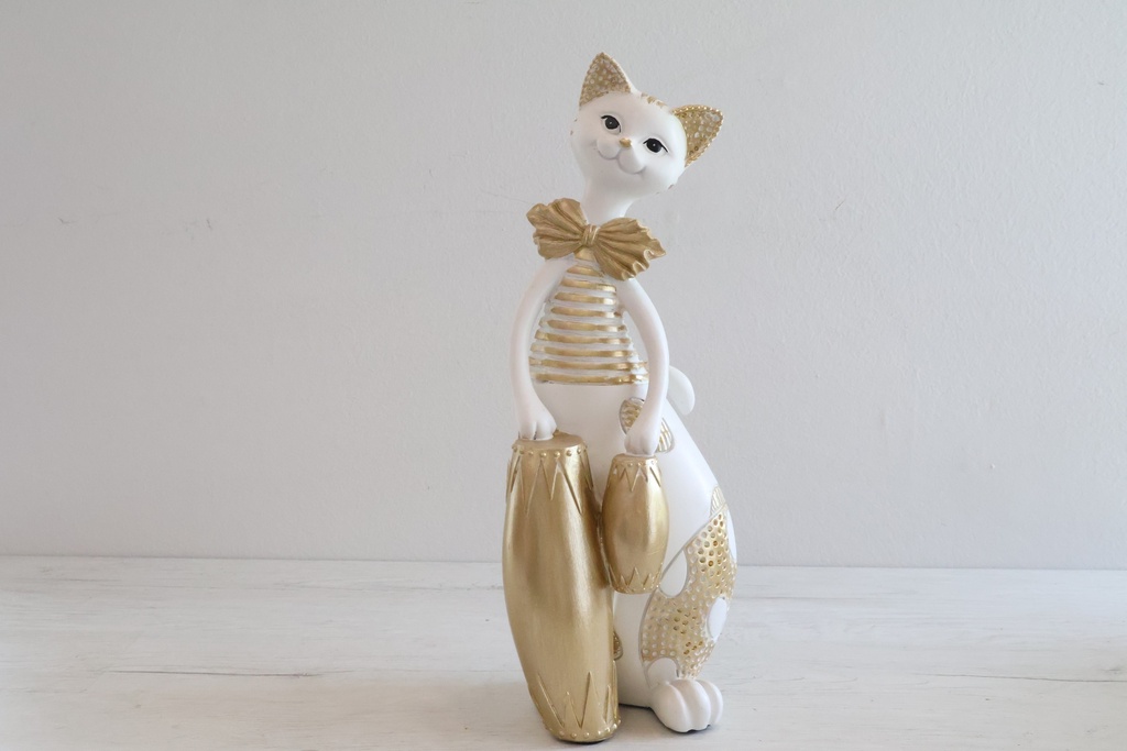 Gato - Escultura Decorativa em Branco e Dourado