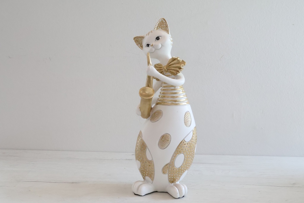 Gato Saxofonista - Escultura Decorativa em Branco e Ouro
