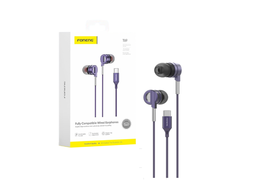 Auscultadores Foneng T69 in Ear Tipo-C 1,2m Roxo