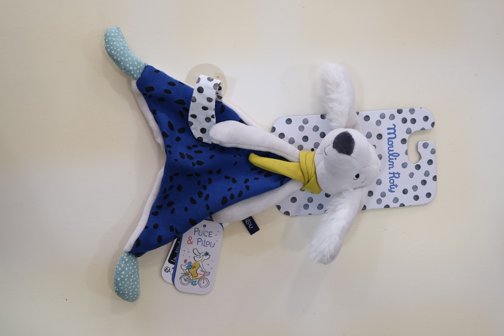 Doudou com Prende-Chupetas – Cãozinho "Puce & Pilou" Moulin Roty