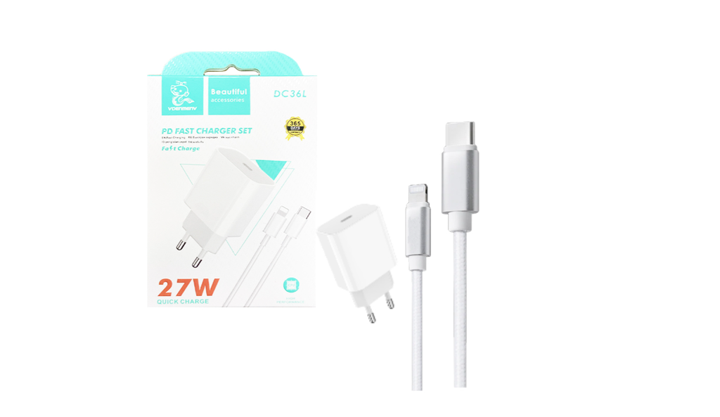 Carregador Denmen DC36T 27W com Cabo Tipo-C para Lightning 1M Branco