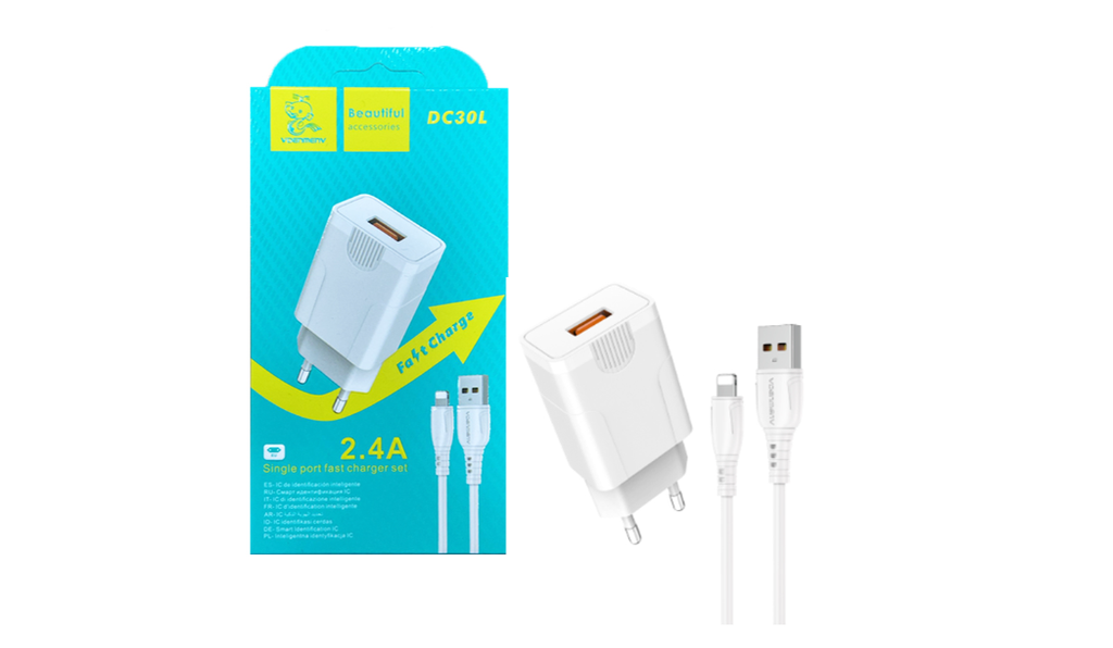 Carregador Denmen DC30L USB-A 2,4A com Cabo Lightning 1m Branco