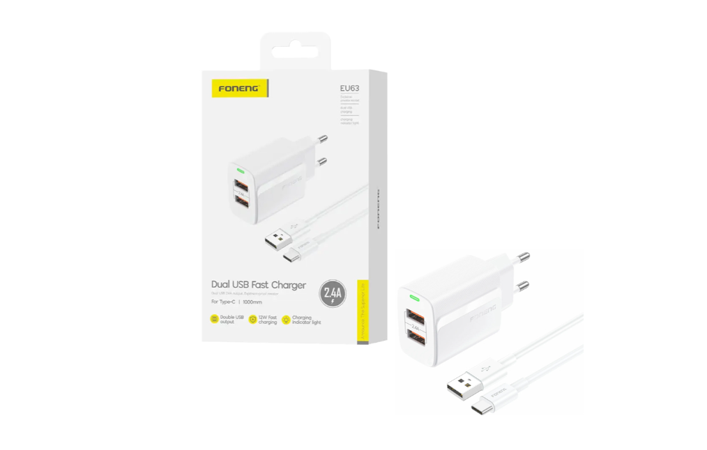 Carregador Foneng EU63 com Cabo Tipo-C 1m Dual Port USB-A 2,4A Branco