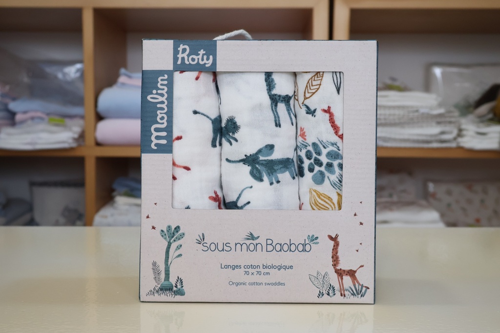 Conjunto de 3 Fraldas de Algodão Biológico "Sous mon Baobab" – Moulin Roty