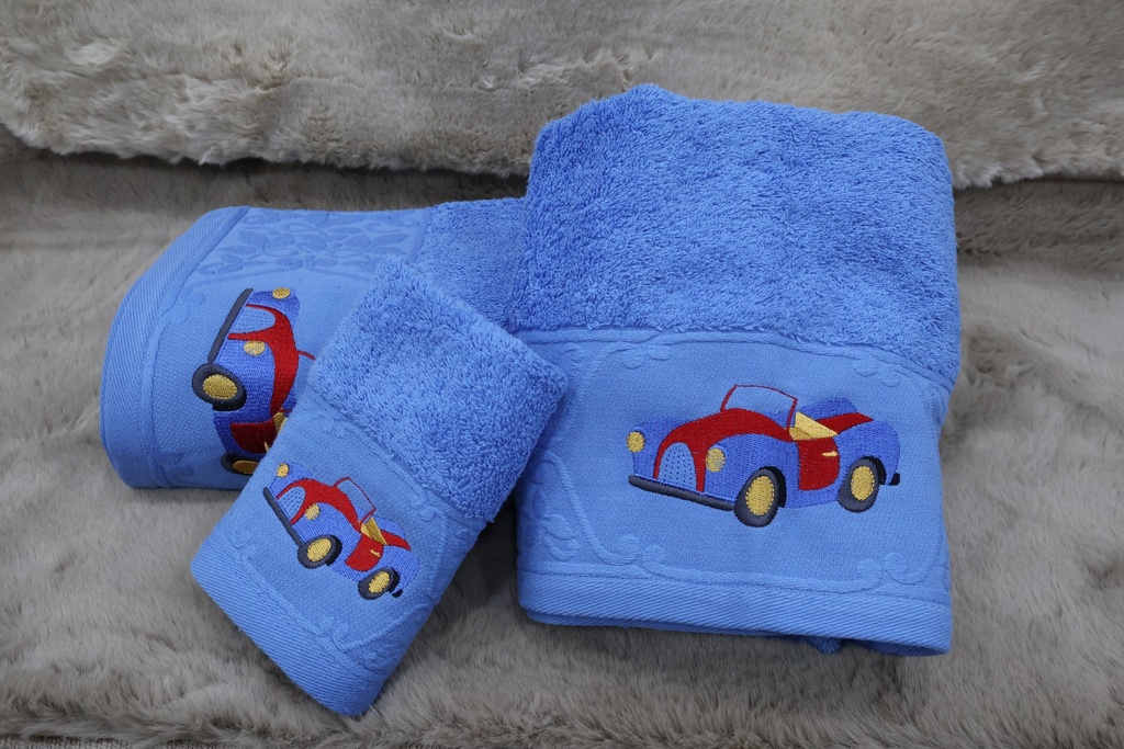 Conjunto de 3 Toalhas Azuis de Banho Infantil – Tema Carrinho Clássico