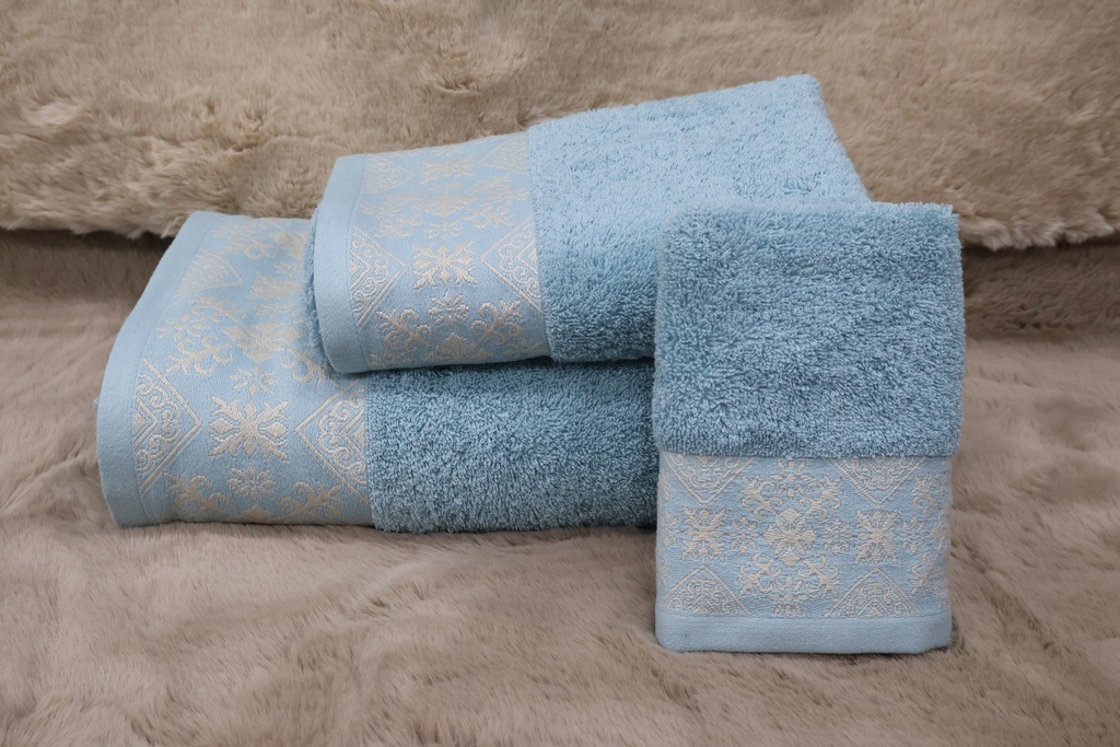 Conjunto de 3 Toalhas de Banho Clássico – Azul Pastel com Barra Jacquard