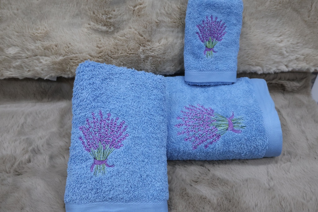 Conjunto de 3 Toalhas de Banho – Azul Real com Bordado Lavanda