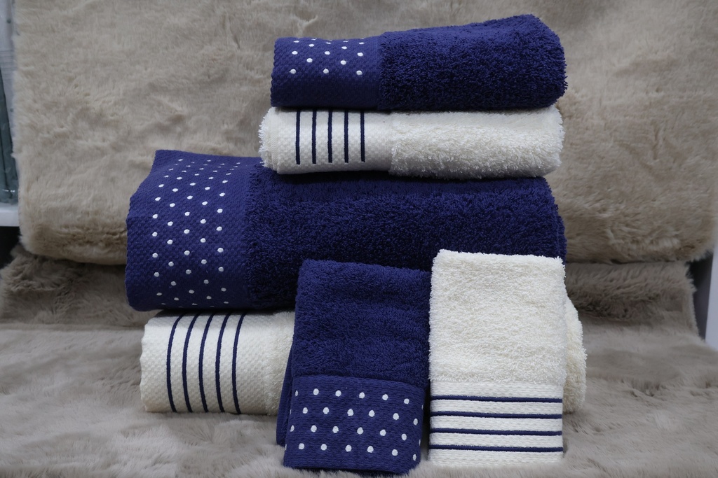 Conjunto de 6 Toalhas de Banho – Azul Marinho e Pérola com Design Geométrico