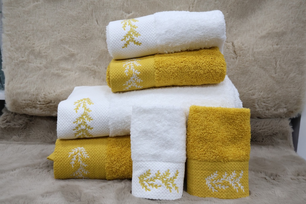 Conjunto de 6 Toalhas de Banho – Amarelo Mostarda e Branco com Bordado Botânico