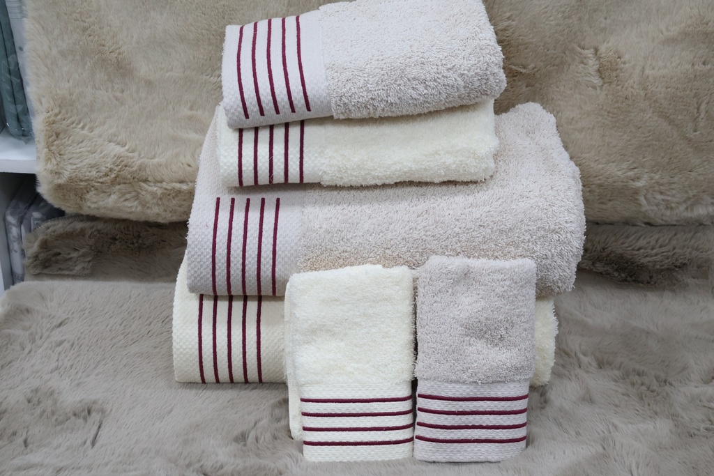 Conjunto de 6 Toalhas de Banho – Bege e Pérola com Riscas Bordeaux