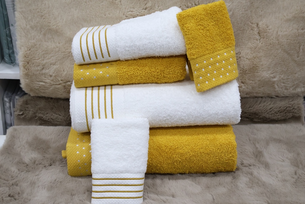 Conjunto de 6 Toalhas de Banho – Amarelo Mostarda e Branco com Design Geométrico