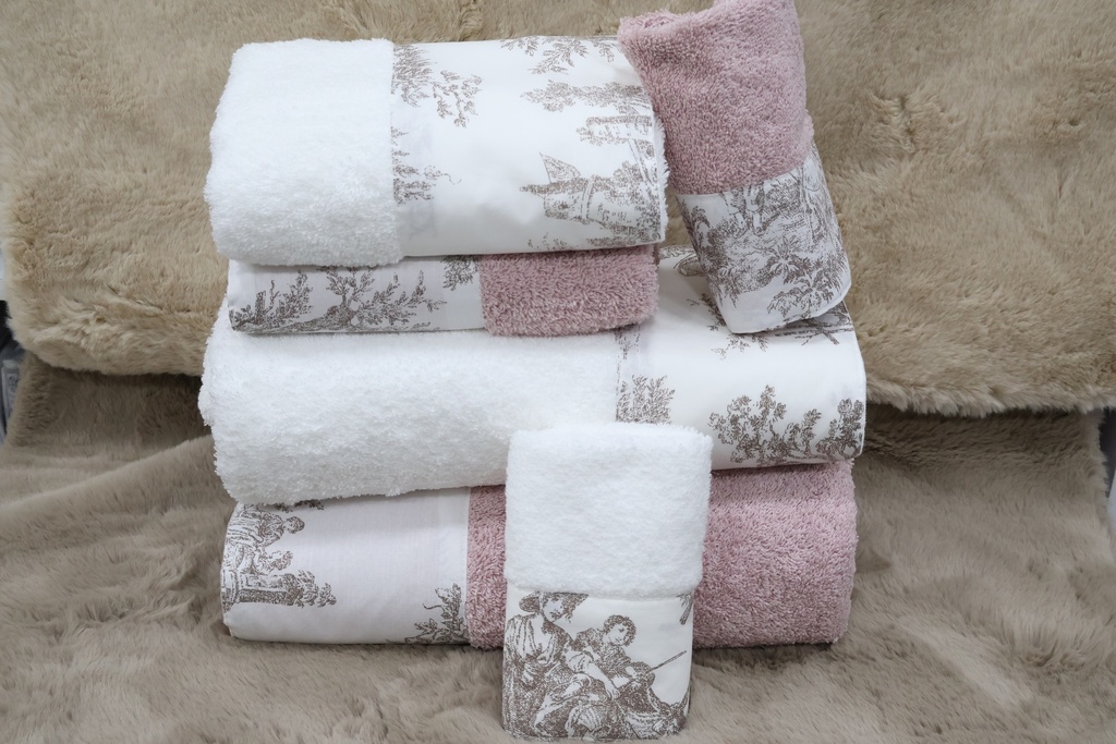 Conjunto de 6 Toalhas de Banho – Rosa e Branco com Barra Toile de Jouy