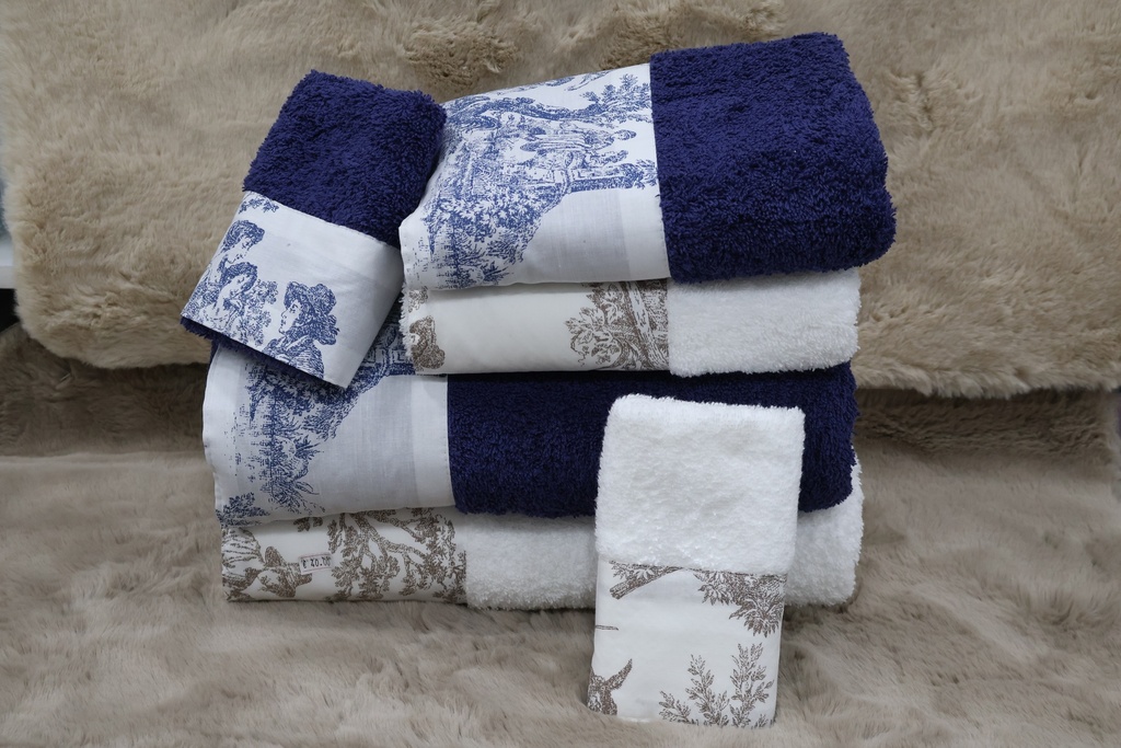 Conjunto de 6 Toalhas de Banho – Azul Marinho e Branco com Barra Toile de Jouy