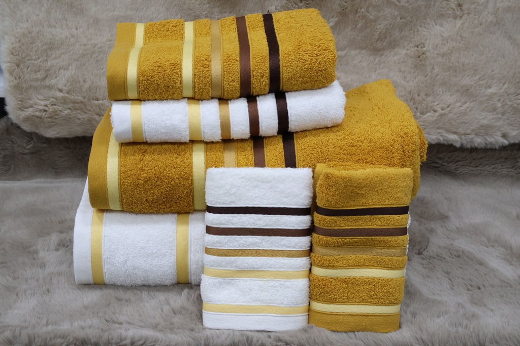 Conjunto de 6 Toalhas de Banho – Amarelo Mostarda e Branco com Riscas Acetinadas