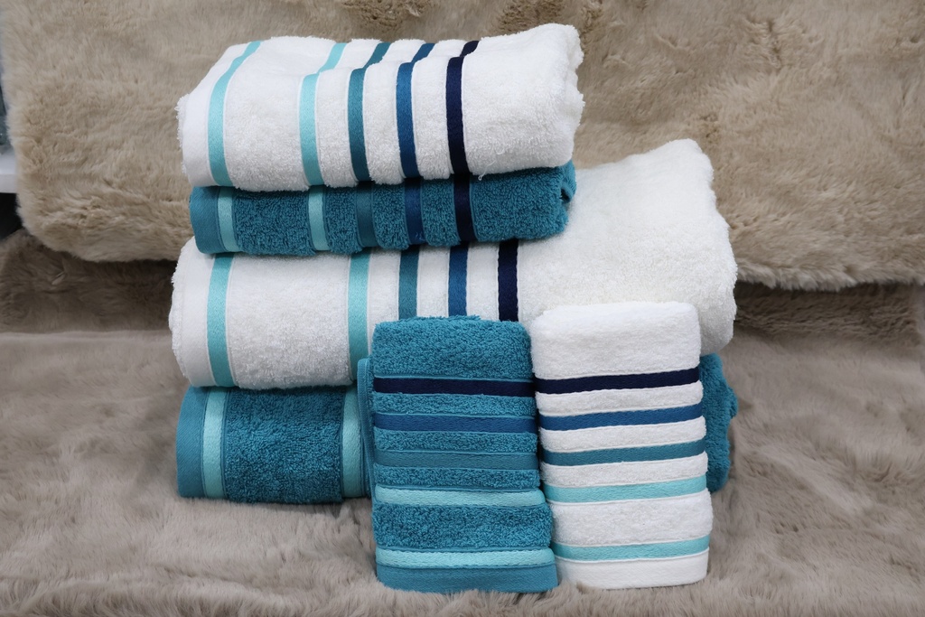 Conjunto de 6 Toalhas de Banho – Azul Petróleo e Branco com Riscas Acetinadas
