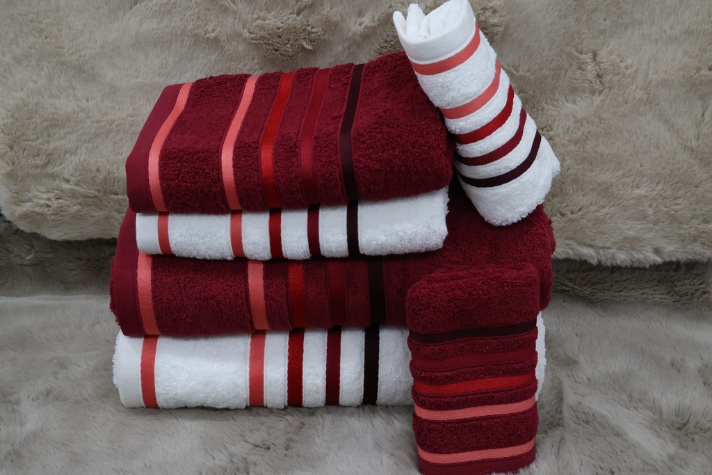 Conjunto de 6 Toalhas de Banho – Bordeaux e Branco com Riscas Acetinadas