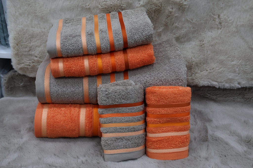 Conjunto de 6 Toalhas de Banho – Taupe e Laranja com Riscas Acetinadas
