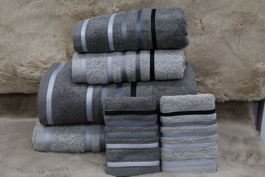 Conjunto de 6 Toalhas de Banho – Cinza e Antracite com Riscas Acetinadas