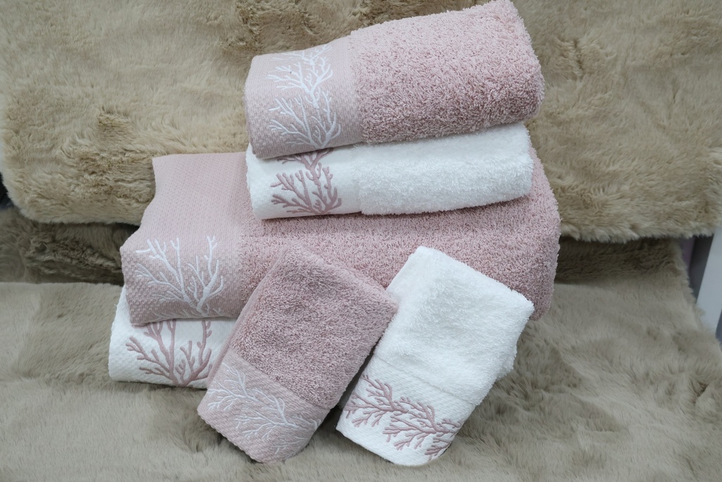 Conjunto de 6 Toalhas de Banho – Rosa Pastel e Branco com Bordado de Corais