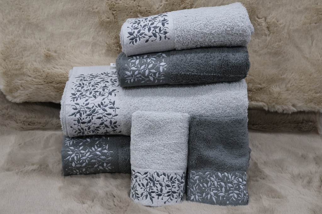 Conjunto de 6 Toalhas de Banho – Cinza e Prata com Bordado Botânico