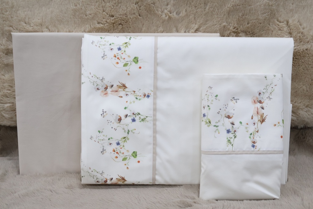 Jogo de Cama em Percal 100% Algodão – Estampado Botânico com Vivo em Bege