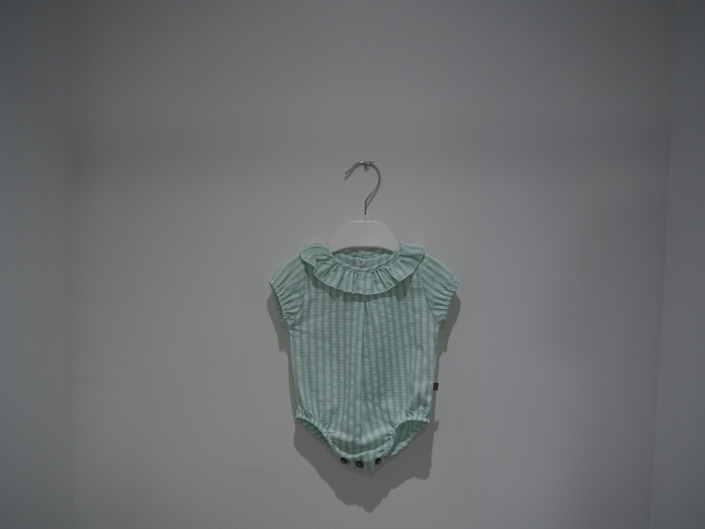 Body de Bebé com Gola de Folho – Xadrez Vichy Verde Água