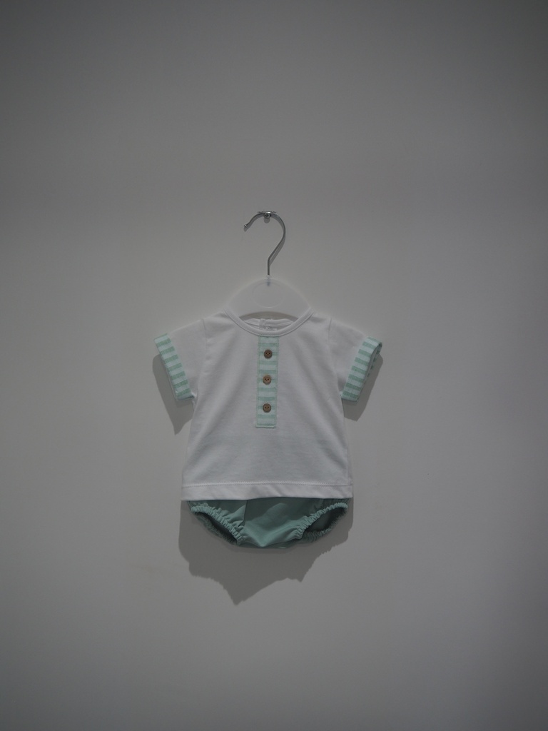 Conjunto de Bebé de 2 Peças – T-shirt com Detalhes Vichy e Tapa-Fraldas Verde Água