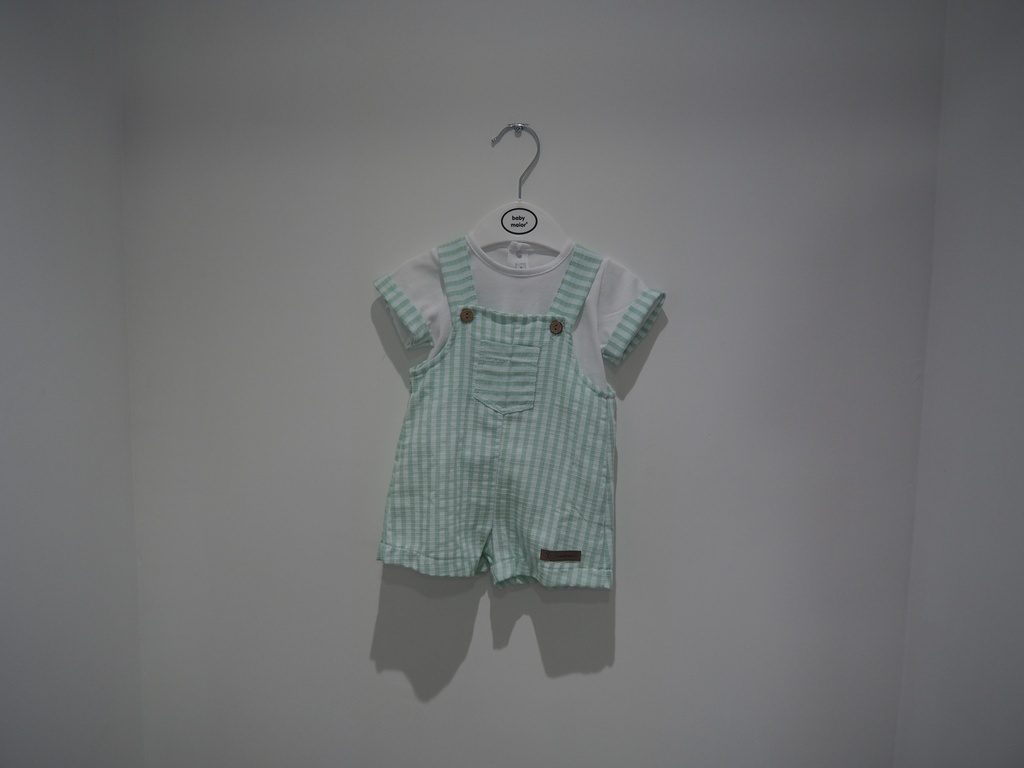 Conjunto de Bebé de 2 Peças – Jardineiras em Xadrez Vichy Verde Água e T-shirt