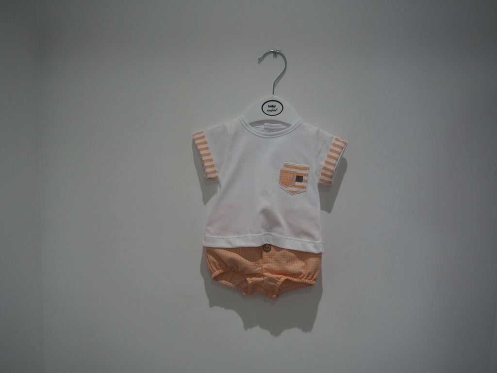 Conjunto de Bebé de 2 Peças – T-shirt com Detalhes Listados e Tapa-Fraldas Cor de Laranja