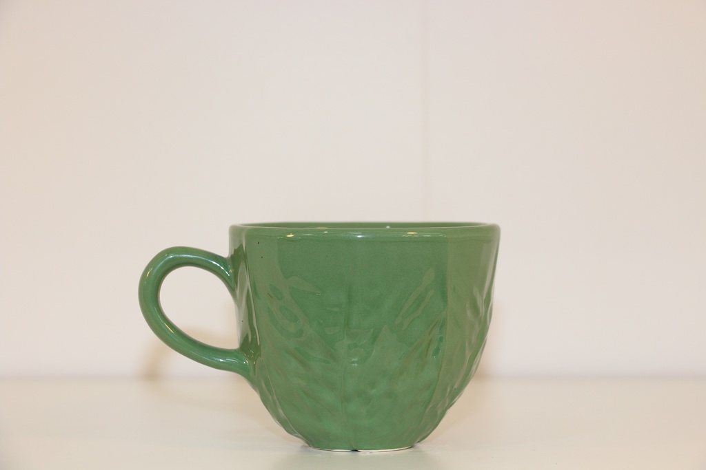 Chávena de cerâmica verde com relevo botânico