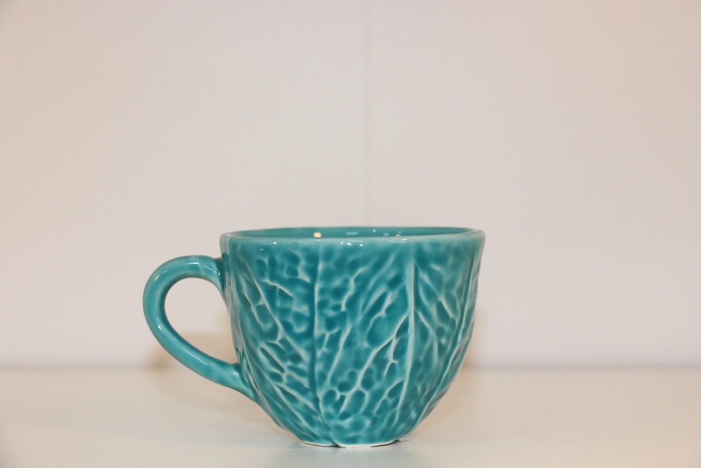 Chávena de cerâmica azul turquesa com relevo botânico