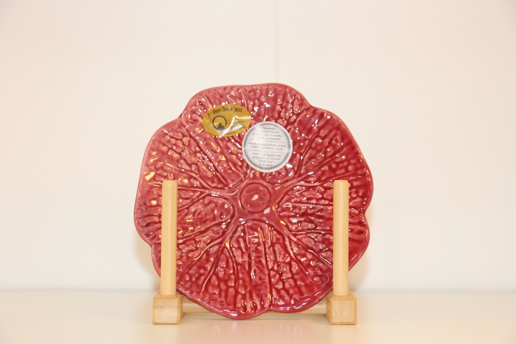 Prato de sobremesa em cerâmica cor-de-rosa velho com relevo de folha