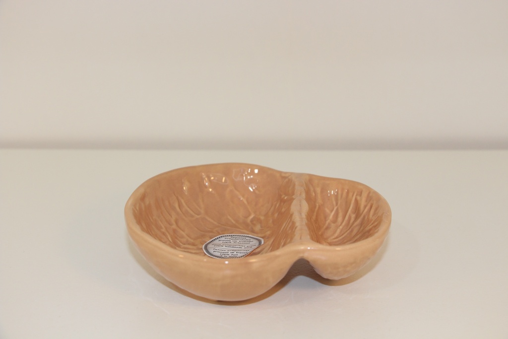 Petisqueira em cerâmica bege areia com divisória e relevo de folha