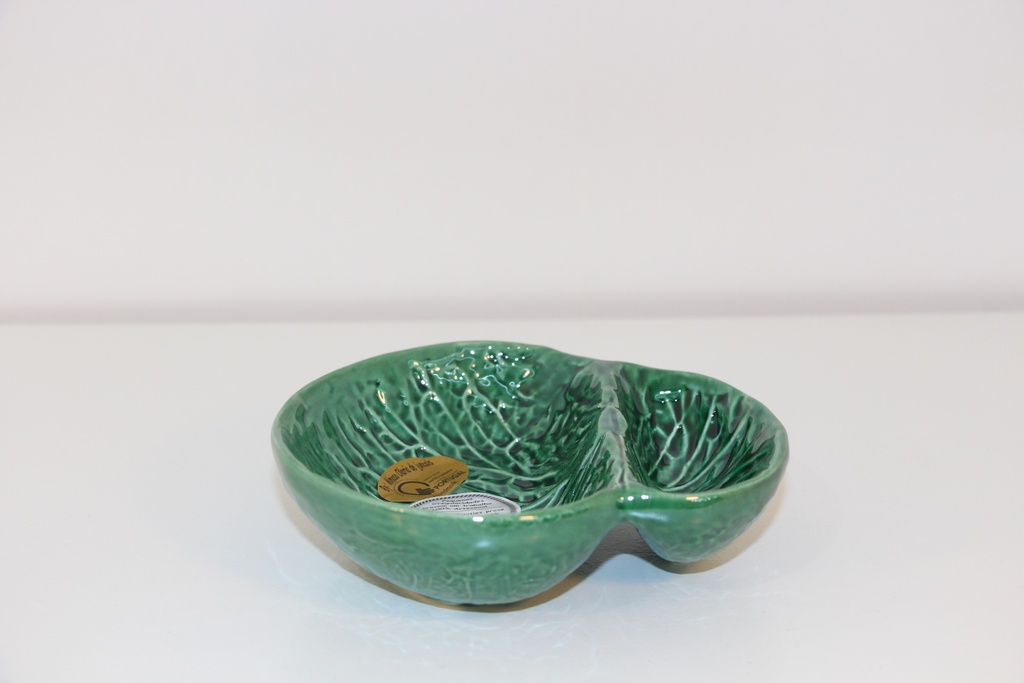 Petisqueira em cerâmica verde-escuro com divisória e relevo de folha