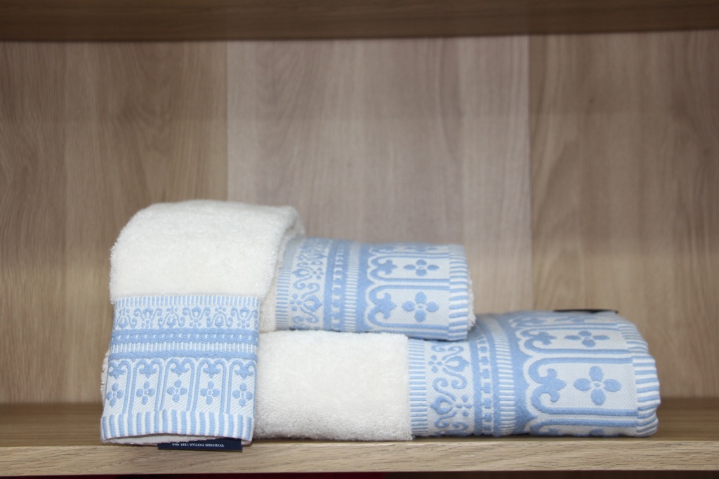 Jogo de Toalhas com Barra Jacquard Floral Azul